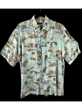 Vintage 90s Pierre Cardin Hawaiian Shirt Mens L 100% Rayon Blue Tropical Aloha